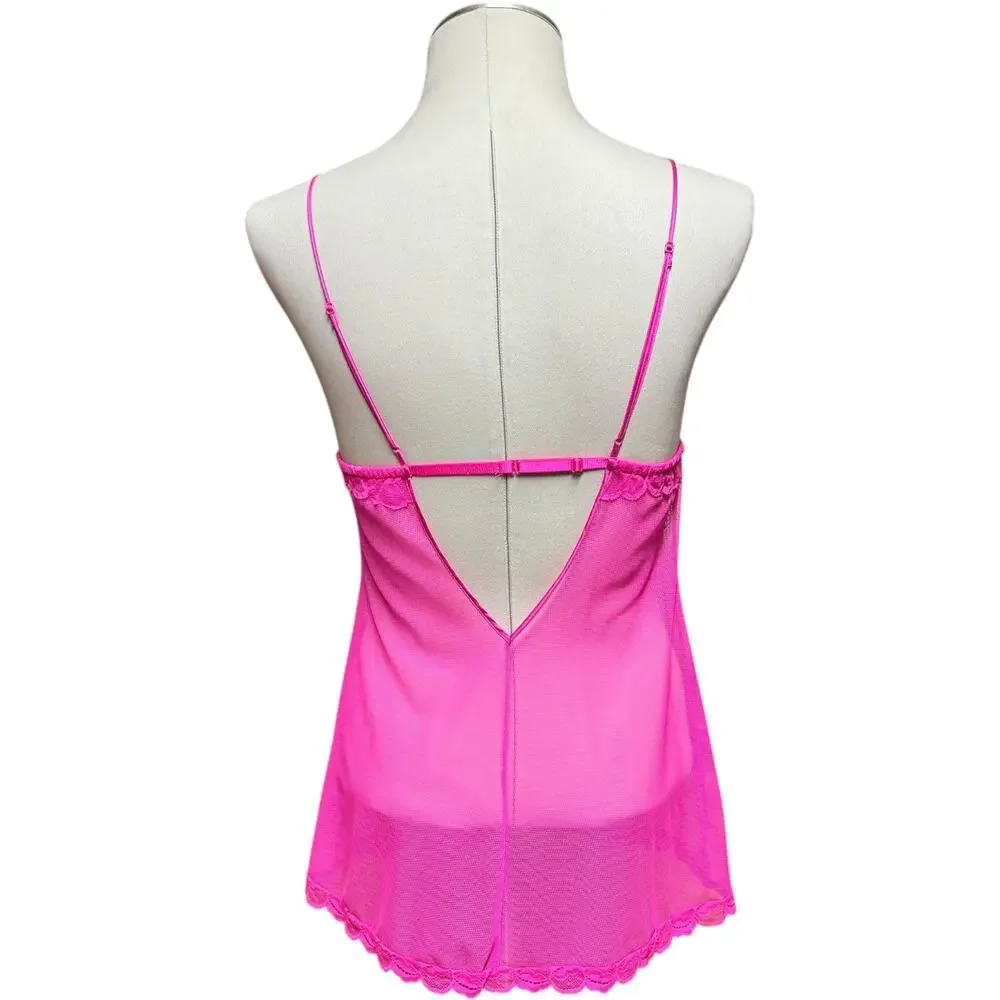 Victoria's Secret Plunge Lace Mesh Lingerie Nightie Hot Pink Small